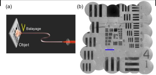 <em>Fig.2. Un léger balayage de la fibre augmente le champ. a) l'extrémité de la fibre est déplacée pour prendre des images en différents points de l'objet. Les images de l'objet ainsi prises sont reconstituées avec la même matrice de transmission, celle de la fibre avant déplacement. b) les images finales obtenues sont combinées en mosaîque pour donner le champ final. L'objet est ici une mire microscopique. La barre d'échelle(en bleu) vaut 100µm. Crédit Wonshik Choi.</em>