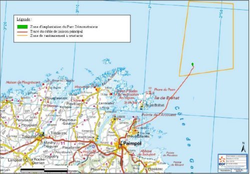 Fig.4. Plan d'implantation du parc hydrolien de Paimpol-Bréhat. On distingue en rouge le tracé du câble de liaison principal qui apporte le courant depuis le convertisseur jusqu'au poste de transformation à terre. Crédit EDF.