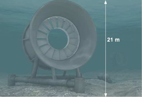 Fig.1.Vue d'artiste d'une des hydroliennes de Paimpol-Bréhat au fond de la mer. L'hydrolienne a un diamètre de 16m. On remarque l'orifice central qui permet le passage sans problème des poissons et mammifères marins.. Crédit EDF.
