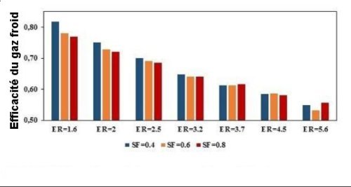 Fig.3. Efficacité du gaz froid (EGF) pour 3 valeurs de SF et 7 de ER Tiré de Experimental Gasification of Coffee Husk Using Pure Oxygen-Steam Blends Javier Bonilla, Gerardo Gordillo and Carlos Cantor Frontiers in Energy Research | www.frontiersin.org 1 November 2019 | Volume 7 | Article 127