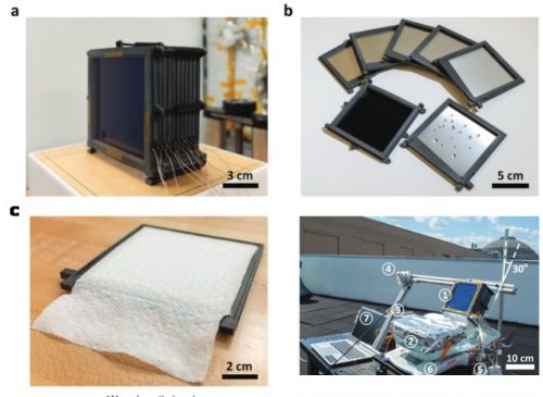 Fig.3 Vue du prototype à 10 étages a) Photographie du dispositif Le prototype est composé de 11 cadres en nylon, un absorbeur de chaleur solaire recouvert d’un isolant thermique en aérogel de silice, de 10 condenseurs en aluminium couverts d’une mince couche de téflon et de 10 évaporateurs en mèches capillaires (serviettes en papier). Un verre anti-reflets protège l’aérogel de silice et l’absorbeur solaire. b) Photographie de quelques éléments du système à 10 étages c) Photo d’un évaporateur attaché au dos d’un condenseur. Chaque évaporateur a son extrémité inférieure plongée dans le réservoir d’eau salée. d) Vue de l’expérience montée sur un toit du MIT par un jour partiellement ensoleillé (le 13 juillet 2019) 1 Dispositif à 10 étages, 2 réservoir d’eau salée, 3 conduit de récupération en Al, 4 capteur de température, 5 Une éprouvette graduée de 10 cm3, 6 balance et 7 ordinateur. Tiré de Ultrahigh-efficiency desalination via a thermally-localized multistage solar still Zhenyuan Xu, Lenan Zhang, Lin Zhao, Bangjun Li, Bikram Bhatia, Chenxi Wang,a Kyle L. Wilke, Youngsup Song, Omar Labban, John H. Lienhard, Ruzhu Wang and Evelyn N. Wang Energy & Environmental Science, 2020, 13, 830 Published by The Royal Society of Chemistry. C.C.3.0