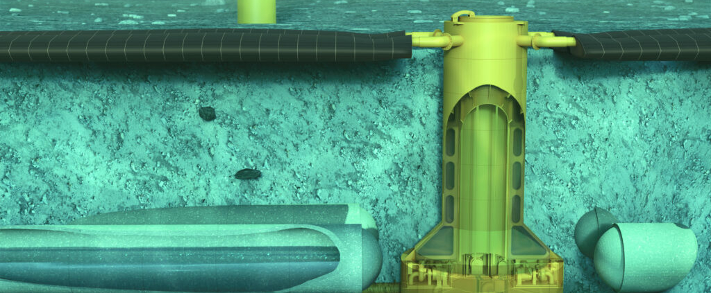 Fig.2. Les 3 composants principaux de l'Ocean Battery Une vessie flexible (en haut à gauche), le réservoir en béton (en bas à gauche), et l'unité de machines (en jaune, au centre) contenant pompes et turbines. Avec l'aimable autorisation d'Ocean Grazer.