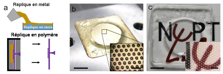 Fig.2. Moulage par injection à partir d'un moule métallique à matrice de points a) Représentation schématiquue de la fabrication d'un moule métallique et de son utilisation pour le moulage par injection. b) Vue de près du moule d'injection (barre d'échelle de 10 mm). L'insert montre un agrandissement de la matrice de points (barre d'échelle de 500 µm). c) Vue de près de la piéce en PMMA obtenue par moulage sur le moule précédent.(barre d'échelle de 10 mm). ). L'insert montre un agrandissement de la structure (barre d'échelle de 500 µm). Tiré de Replicative manufacturing of metal moulds for low surface roughness polymer replication Sebastian Kluck, Leonhard Hambitzer, Manuel Luitz, Markus Mader, Mario Sanjaya, Andreas Balster, Marcel Milich, Christian Greiner, Frederik Kotz-Helmer , & Bastian E. Rapp, Nature communications, 27 Août 2022 C.C.-BY license