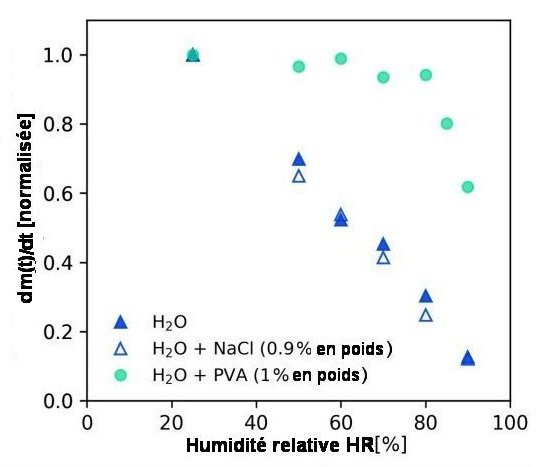 Fig.4 Evaporation de l’eau et d’une solution de PVA en fonction de l’humidité relativeLes triangles noirs représentent le taux de perte de masse dm(t)/dt de l’eau pure normalisée à sa valeur à HR = 25 %, les triangles vides celui d’une solution de 0,9 % en poids de NaCl ; les cercles colorés celui d’une solution de PVA (0,008 du volume total) Tiré de Evaporation of Concentrated Polymer Solutions Is Insensitive to Relative Humidity, Max Huisman, Paul Digard, Wilson C. K. Poon, and Simon Titmuss PHYSICAL REVIEW LETTERS 131, 248102 (2023) .Creative Commons Attribution 4.0 International