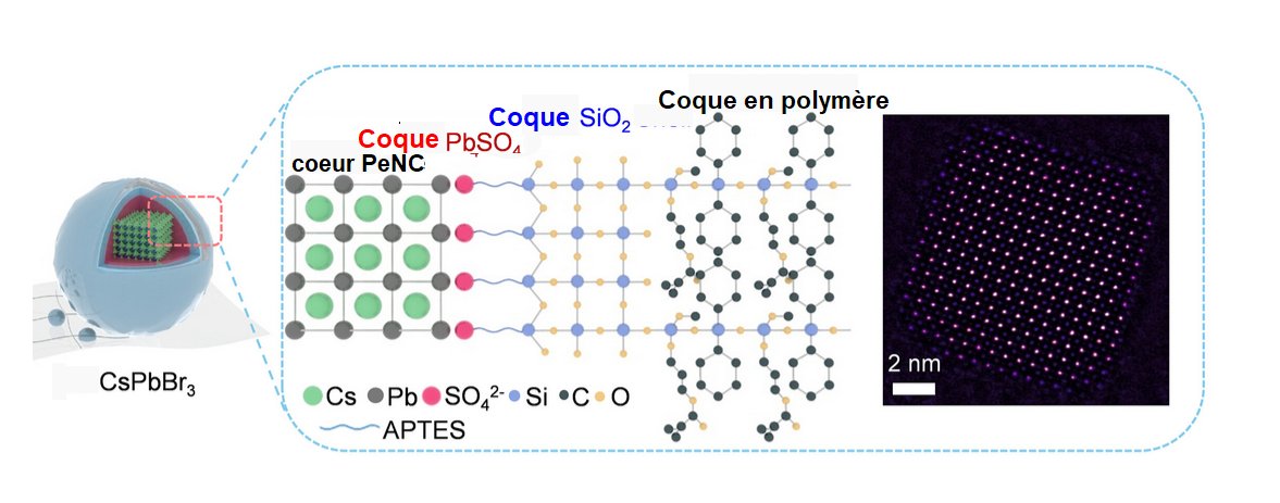 Fig.2. Structure de l'enrobage confinant le réseau de perovskite (CsPbBr3, par exemple)Détails de la structure des coques concentriques de la Fig.1. Dans l'insert de droite, on voit l'image STEM (microscope électronique à transmission à balayage) du cœur intérieur typique en perovskite CsPbBr. L'APTES est le composé 3-triethoxysilylpropylammonium Tiré de A hierarchical shell locks and stabilizes perovskite nanocrystals with near-unity quantum yield Qingsen Zeng et al. Science 15 January 2026