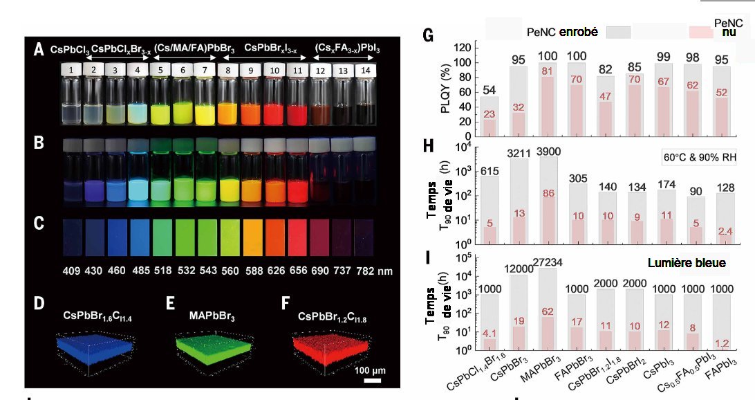 Fig.3. Etendue de la gamme de couleurs des PeNC enrobés(A to C) Image optique des nanocristaux enrobés en lumière du jour (A ), en lumière UV et sous forme de films en lumière UV (D to F) Images au microscope confocal de films PeNC, respectivement bleu(D), vert(E) et rouge (F). (G) PLQY pour des PeNC nus (en rose) et pour des PeNC enrobés (en gris). (H) T90 temps passé sans dégradation au dessous de 60°C et à 90% d'humidité relative (RH) (I) T90 temps passé sous une lumière bleue au dessous d'une densité surfacique de puissance de 180 W/m2 pour neuf composés typiques de PeNC nus (en rose) et de PeNC enrobés (en gris). Tiré de A hierarchical shell locks and stabilizes perovskite nanocrystals with near-unity quantum yield Qingsen Zeng et al. Science 15 January 2026 