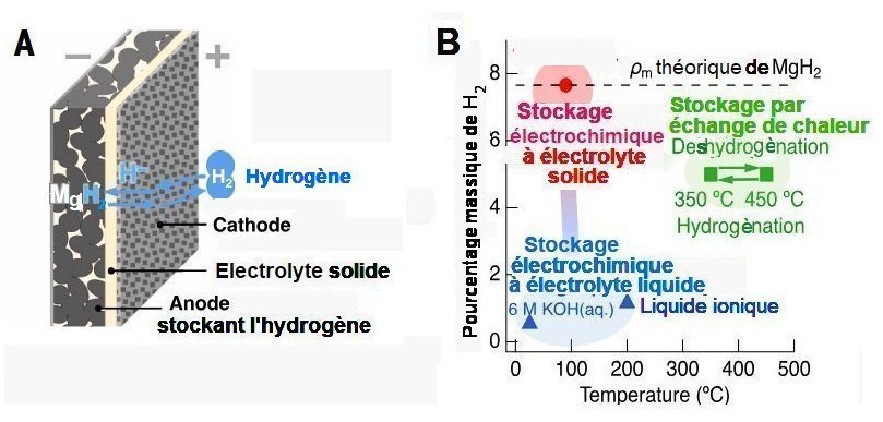 Fig.2. Cellule d’absorption- désorption de l’hydrogène A) Schéma d’une cellule métal-H2 B) Pourcentage (ρm) en poids de H2 dans l’anode de stockage en fonction de la température et comparaison avec le stockage par échange de chaleur (en vert). La ligne en pointillés indique le pourcentage théorique obtenable. Les données correspondant à un stockage électrochimique utilisant un électrolyte soit liquide, soit liquide ionique sont indiquées par les triangles bleus. Le cercle rouge correspond à la capacité de stockage obtenue à 90°C par la cellule Mg-H2. Tiré de High-capacity, reversible hydrogen storage using H–conducting solid electrolytes Takashi Hirose, Naoki Matsui, Takashi Itoh , Yoyo Hinuma, Kazutaka Ikeda, Kazuma Gotoh, Guangzhong Jiang, Kota Suzuki, Masaaki Hirayama, Ryoji Kanno Science 18 September 2025, avec autorisation.